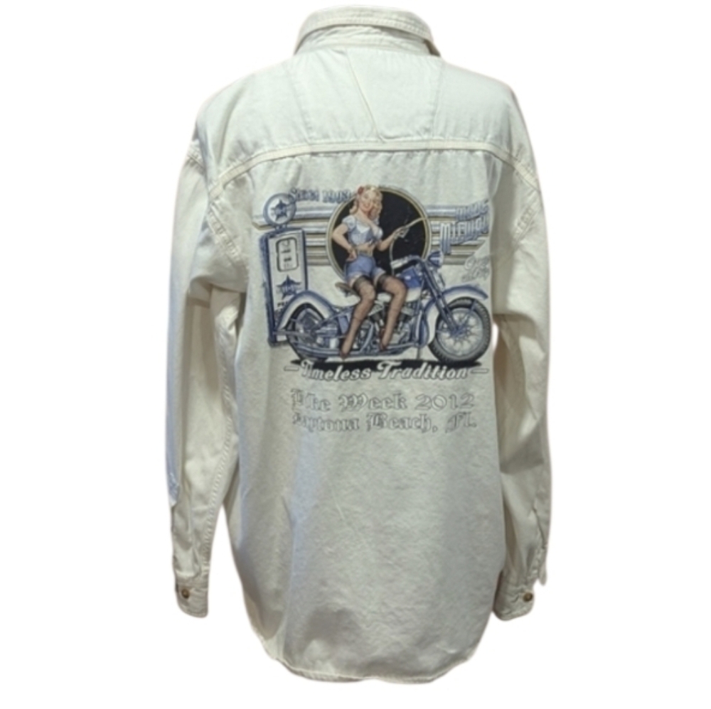 Bike Week 2012 Button Down L Cotton Biker Long Sleeve Shirt Daytona Off White